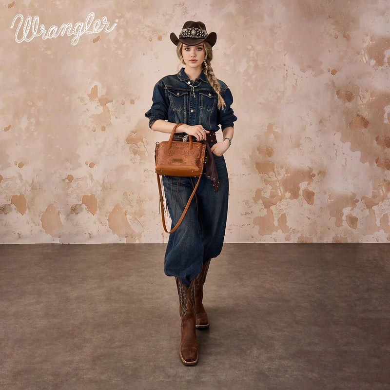 Load image into Gallery viewer, WG443-8015BR - Wrangler Scroll Print Satchel Bag - Brown
