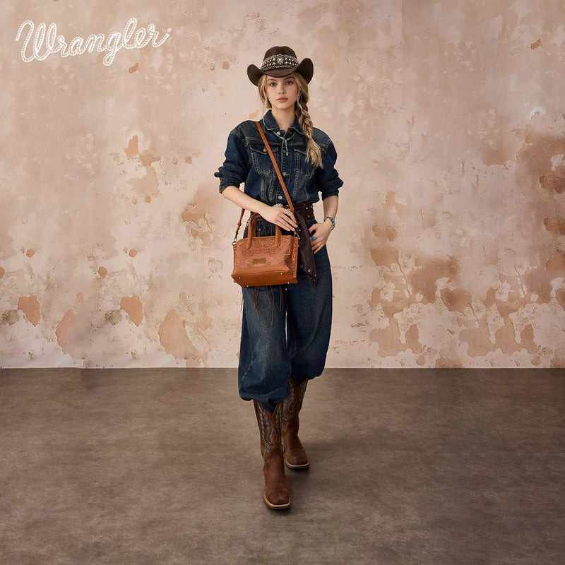 Load image into Gallery viewer, WG443-8015BR - Wrangler Scroll Print Satchel Bag - Brown
