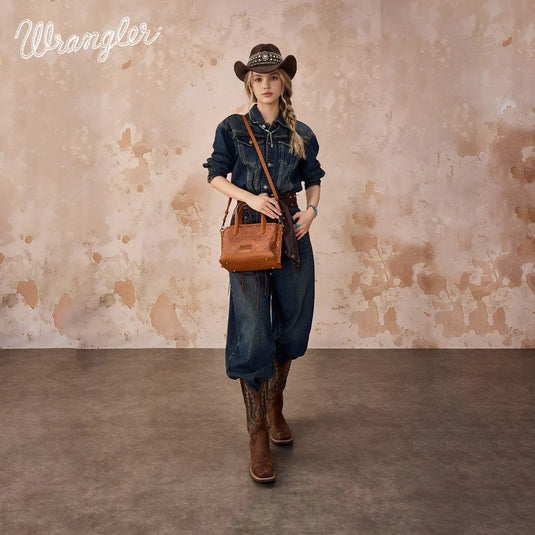 WG443-8015BR - Wrangler Scroll Print Satchel Bag - Brown