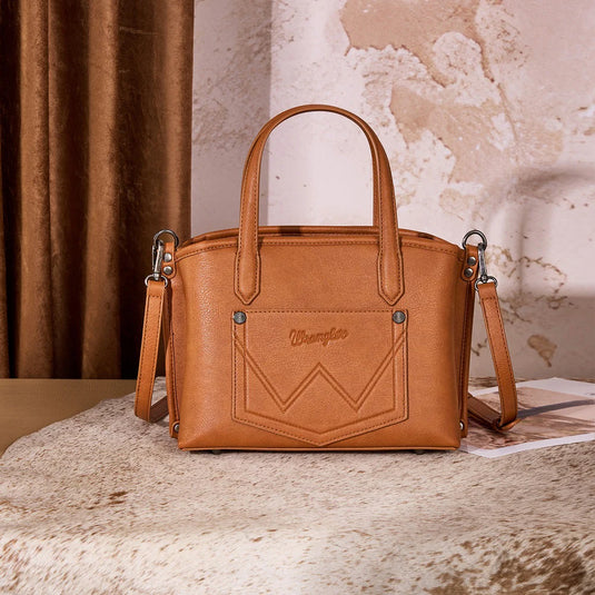 WG443-8015BR - Wrangler Scroll Print Satchel Bag - Brown