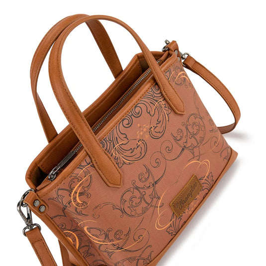 WG443-8015BR - Wrangler Scroll Print Satchel Bag - Brown