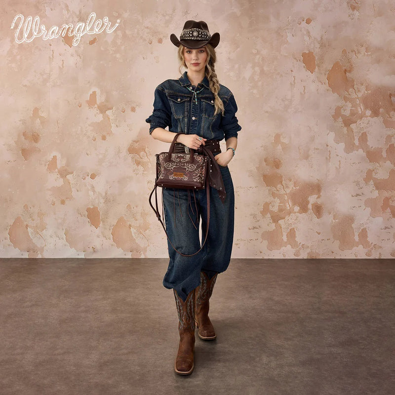 Load image into Gallery viewer, WG443-8015CF - Wrangler Scroll Print Satchel Bag - Coffee
