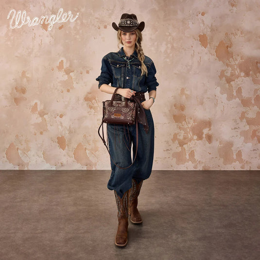 WG443-8015CF - Wrangler Scroll Print Satchel Bag - Coffee