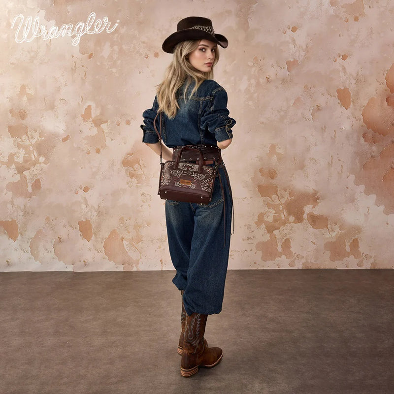 Load image into Gallery viewer, WG443-8015CF - Wrangler Scroll Print Satchel Bag - Coffee
