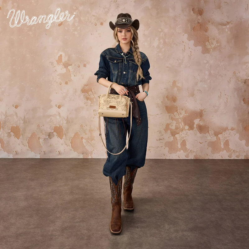 Load image into Gallery viewer, WG443-8015TN - Wrangler Scroll Print Satchel Bag - Tan
