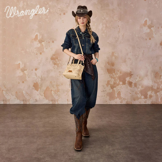 WG443-8015TN - Wrangler Scroll Print Satchel Bag - Tan