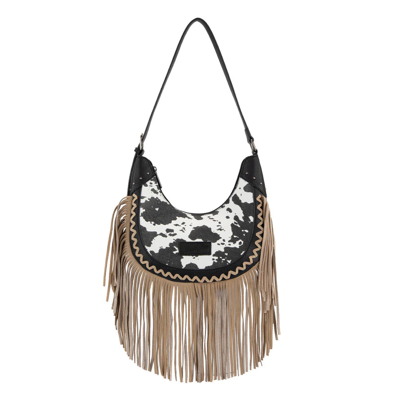 Load image into Gallery viewer, WG444-818BK - Wrangler Black Cow Print Fringe Shoulder Hobo Bag
