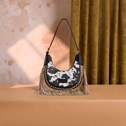 WG444-818BK - Wrangler Black Cow Print Fringe Shoulder Hobo Bag