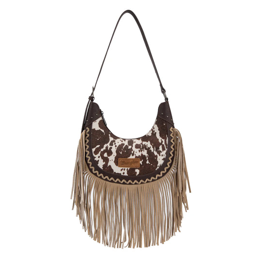 WG444-818CF - Wrangler Coffee Cow Print Fringe Shoulder Hobo Bag