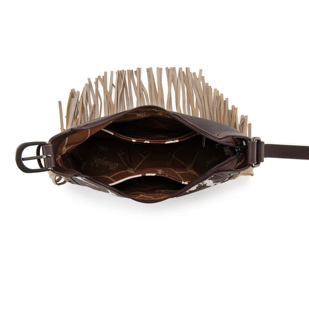 Load image into Gallery viewer, WG444-818CF - Wrangler Coffee Cow Print Fringe Shoulder Hobo Bag
