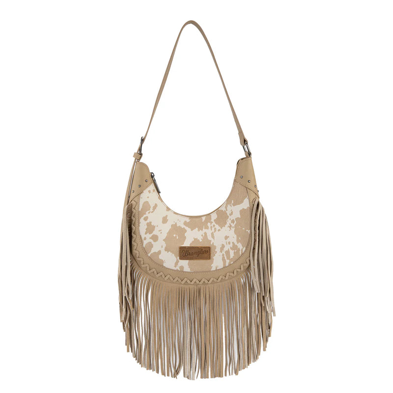 Load image into Gallery viewer, WG444-818TN - Wrangler Tan Cow Print Fringe Shoulder Hobo Bag
