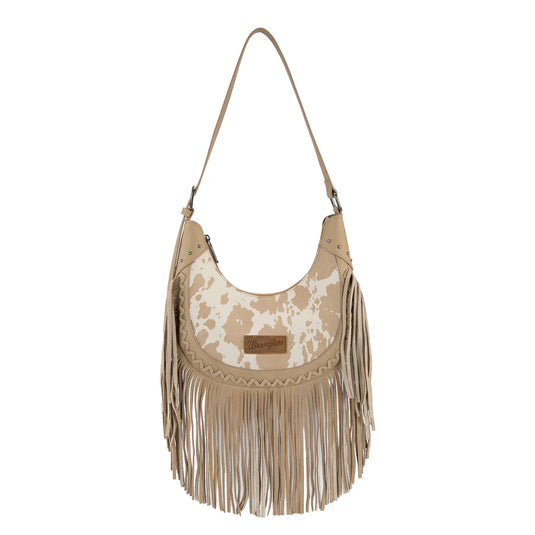 WG444-818TN - Wrangler Tan Cow Print Fringe Shoulder Hobo Bag