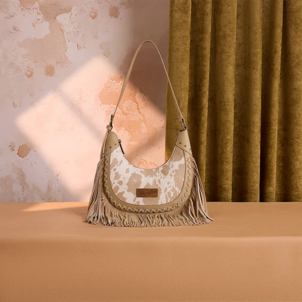 Load image into Gallery viewer, WG444-818TN - Wrangler Tan Cow Print Fringe Shoulder Hobo Bag
