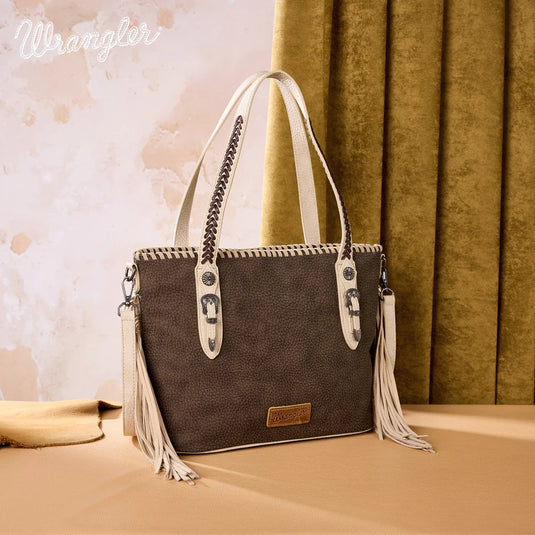 WG454-2002CF - Wrangler Braided Tassel Tote Bag - Coffee