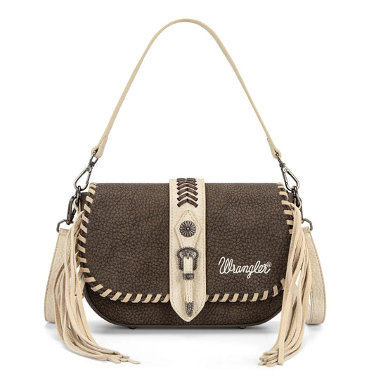 WG454-2003CF - Wrangler Braided Tassel Saddle Crossbody Bag - Coffee