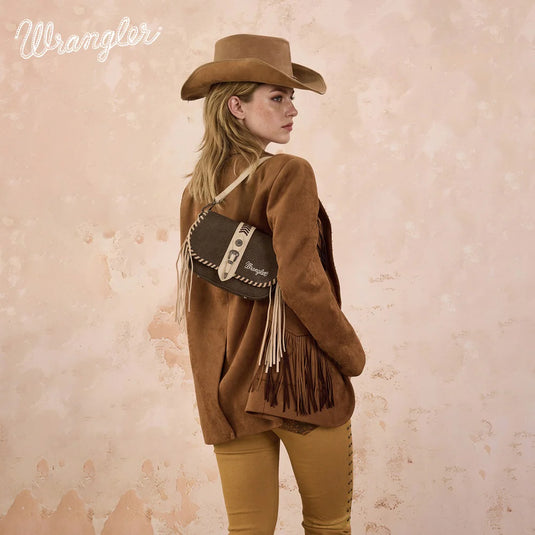 WG454-2003CF - Wrangler Braided Tassel Saddle Crossbody Bag - Coffee