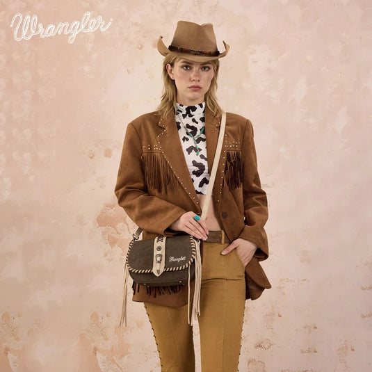 WG454-2003CF - Wrangler Braided Tassel Saddle Crossbody Bag - Coffee