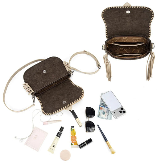 WG454-2003CF - Wrangler Braided Tassel Saddle Crossbody Bag - Coffee