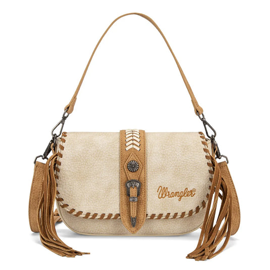 WG454-2003TN - Wrangler Braided Tassel Saddle Crossbody Bag - Tan