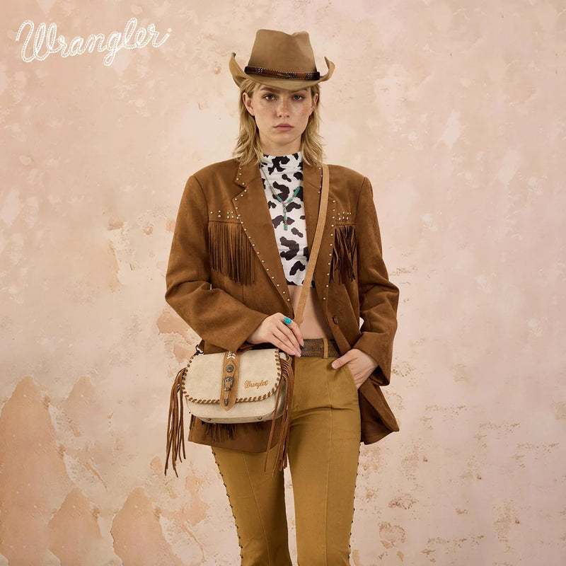 Load image into Gallery viewer, WG454-2003TN - Wrangler Braided Tassel Saddle Crossbody Bag - Tan
