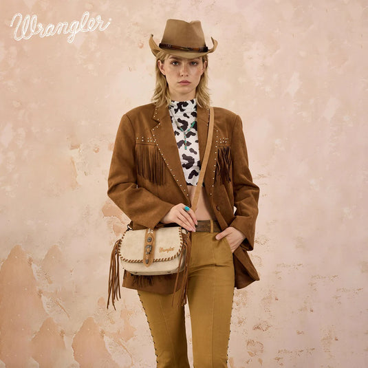 WG454-2003TN - Wrangler Braided Tassel Saddle Crossbody Bag - Tan