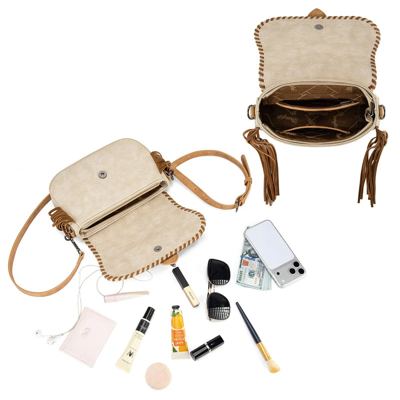 Load image into Gallery viewer, WG454-2003TN - Wrangler Braided Tassel Saddle Crossbody Bag - Tan
