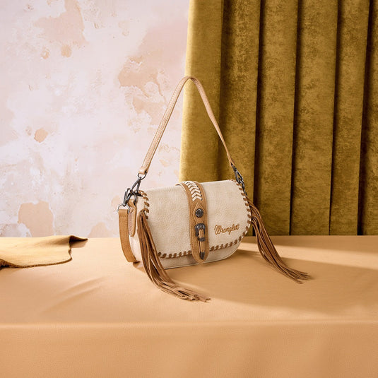 WG454-2003TN - Wrangler Braided Tassel Saddle Crossbody Bag - Tan