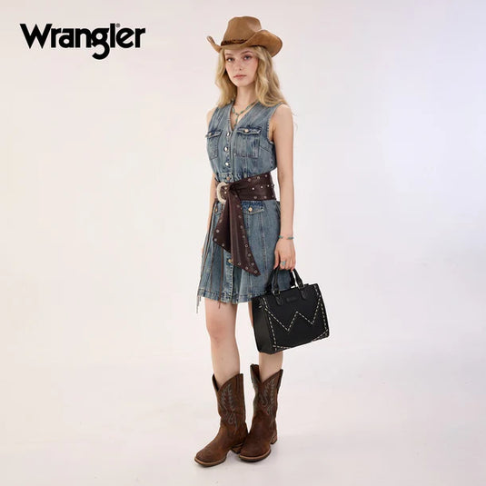 WG456-8120BK - Wrangler Western Contrast Stitch Chevron Tote Bag - Black