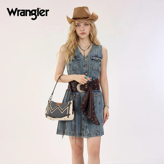 WG456-8185DJN - Wrangler Western Chevron Contrast Stitch Satchel Bag - Dark Jean