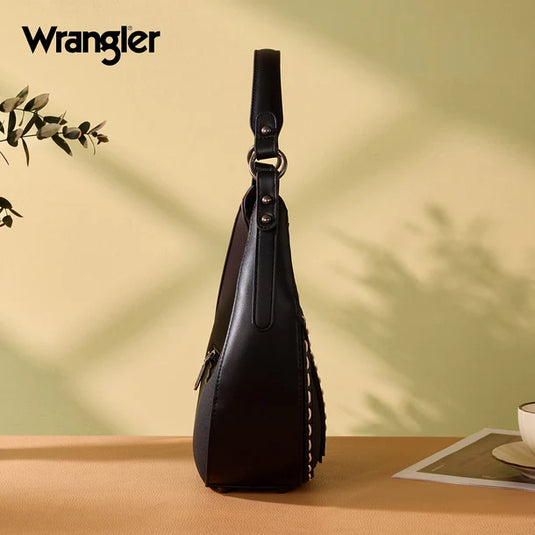 WG456-818BK - Wrangler Western Contrast Stitch Chevron Hobo Shoulder Bag - Black