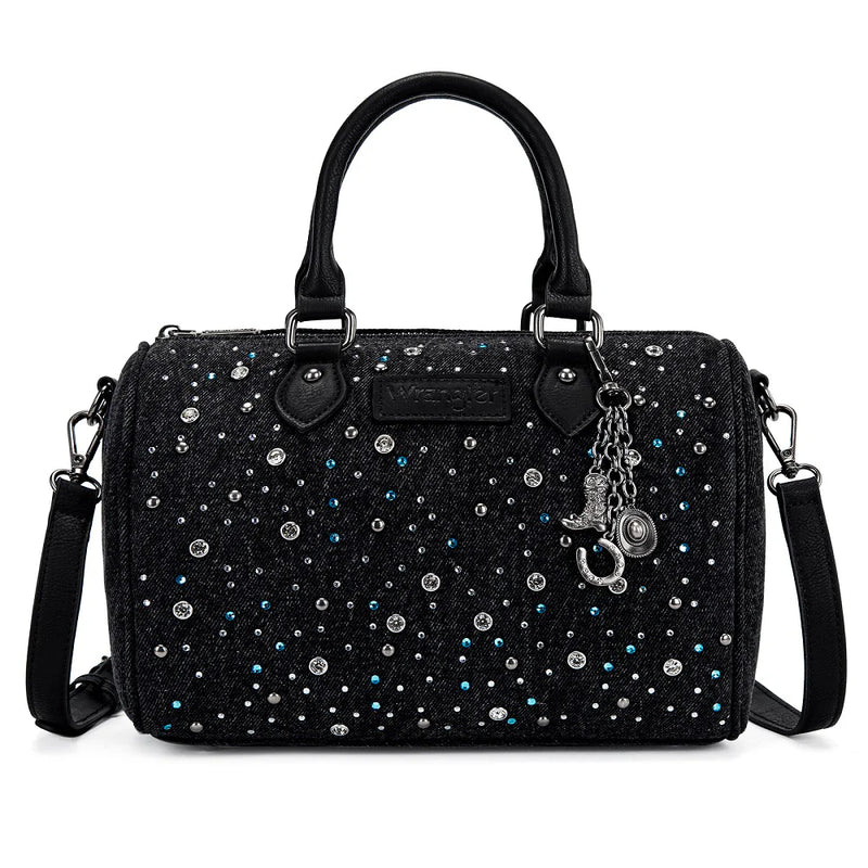 Load image into Gallery viewer, WG458-51102BK - Wrangler Black Western Rhinestone Denim Boston Bag/Crossbody

