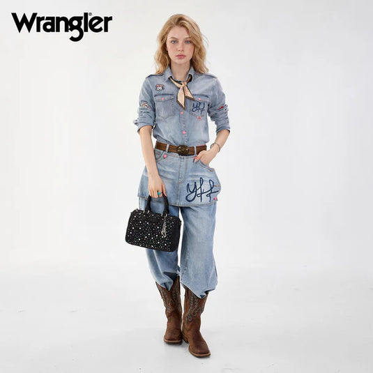 WG458-51102BK - Wrangler Black Western Rhinestone Denim Boston Bag/Crossbody