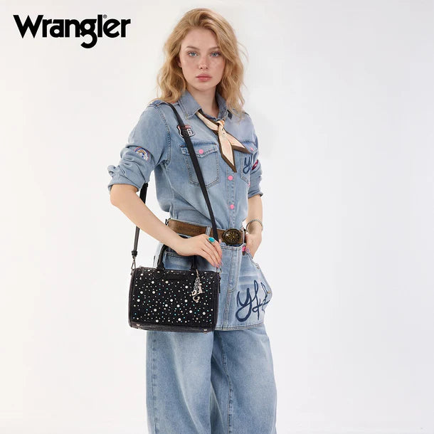 Load image into Gallery viewer, WG458-51102BK - Wrangler Black Western Rhinestone Denim Boston Bag/Crossbody
