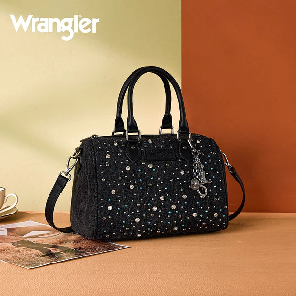 Load image into Gallery viewer, WG458-51102BK - Wrangler Black Western Rhinestone Denim Boston Bag/Crossbody

