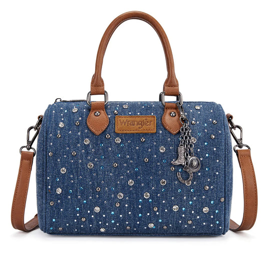 WG458-51102DJN - Wrangler Dark Jean Western Rhinestone Denim Boston Bag/Crossbody
