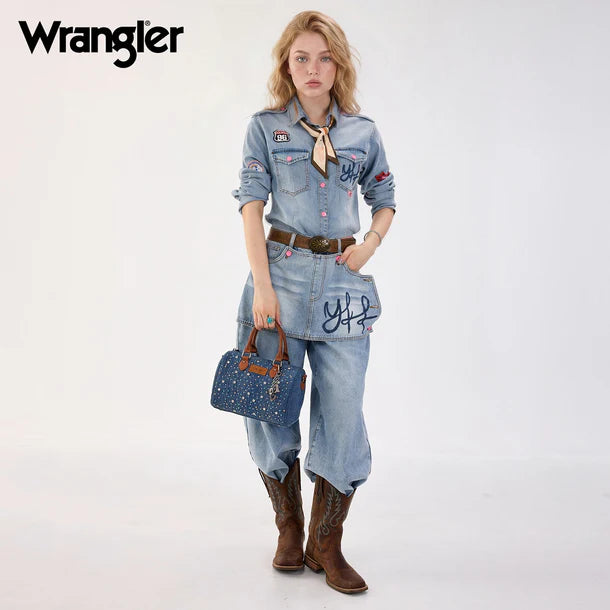 Load image into Gallery viewer, WG458-51102DJN - Wrangler Dark Jean Western Rhinestone Denim Boston Bag/Crossbody

