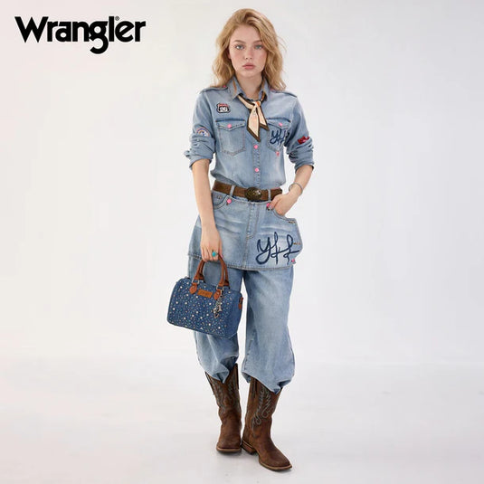 WG458-51102DJN - Wrangler Dark Jean Western Rhinestone Denim Boston Bag/Crossbody