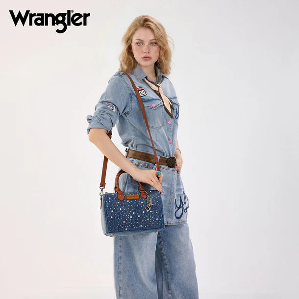 Load image into Gallery viewer, WG458-51102DJN - Wrangler Dark Jean Western Rhinestone Denim Boston Bag/Crossbody

