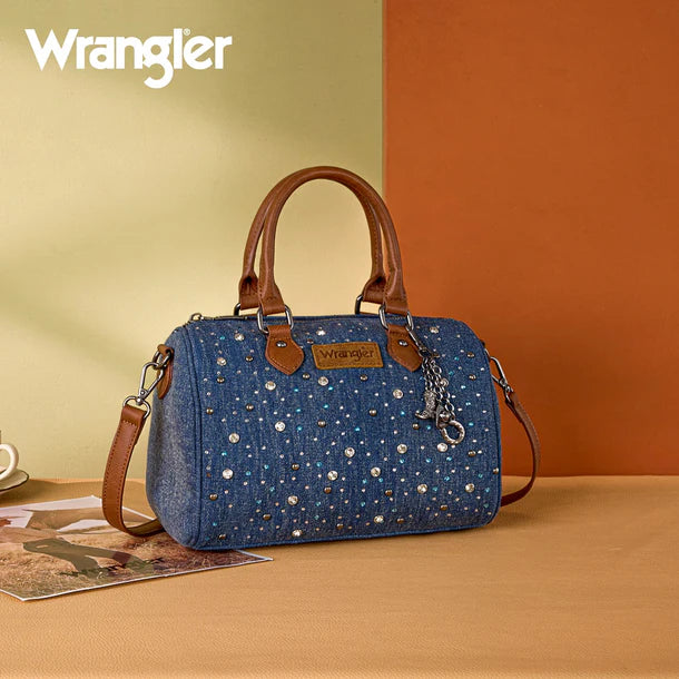 Load image into Gallery viewer, WG458-51102DJN - Wrangler Dark Jean Western Rhinestone Denim Boston Bag/Crossbody

