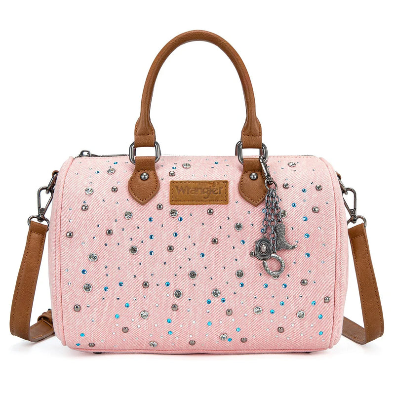 Load image into Gallery viewer, WG458-51102PK - Wrangler Pink Western Rhinestone Denim Boston Bag/Crossbody
