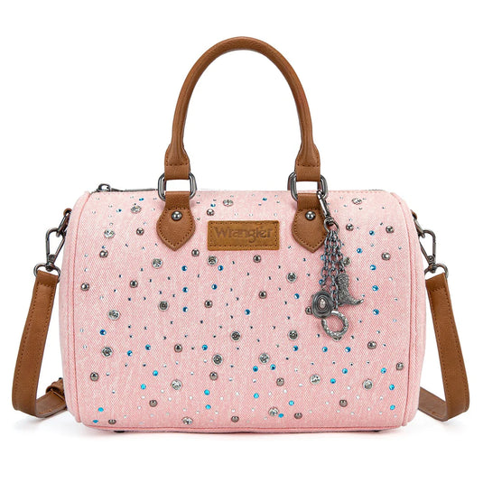 WG458-51102PK - Wrangler Pink Western Rhinestone Denim Boston Bag/Crossbody
