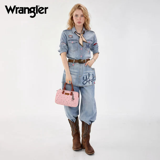 Load image into Gallery viewer, WG458-51102PK - Wrangler Pink Western Rhinestone Denim Boston Bag/Crossbody
