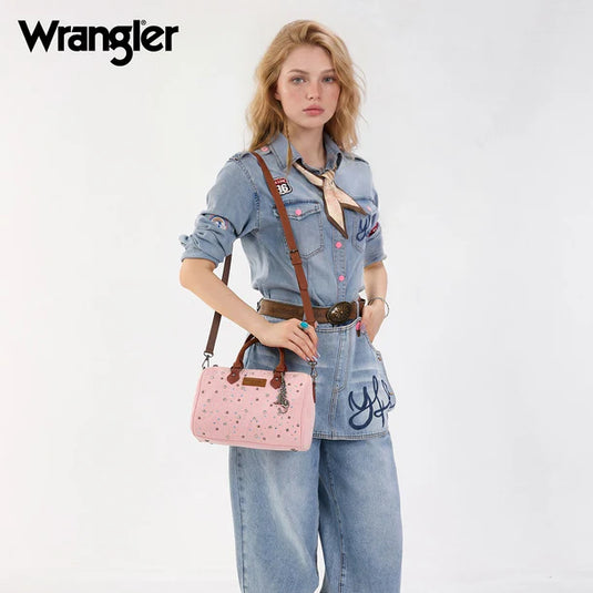 WG458-51102PK - Wrangler Pink Western Rhinestone Denim Boston Bag/Crossbody