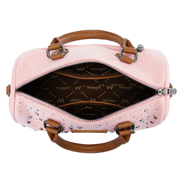 Load image into Gallery viewer, WG458-51102PK - Wrangler Pink Western Rhinestone Denim Boston Bag/Crossbody
