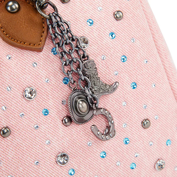 Load image into Gallery viewer, WG458-51102PK - Wrangler Pink Western Rhinestone Denim Boston Bag/Crossbody
