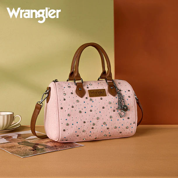Load image into Gallery viewer, WG458-51102PK - Wrangler Pink Western Rhinestone Denim Boston Bag/Crossbody
