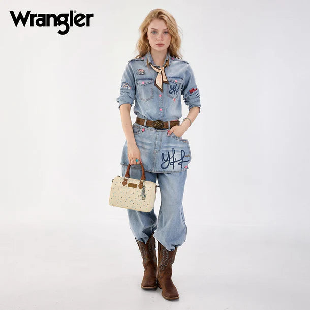 Load image into Gallery viewer, WG458-51102TN - Wrangler Tan Western Rhinestone Denim Boston Bag/Crossbody
