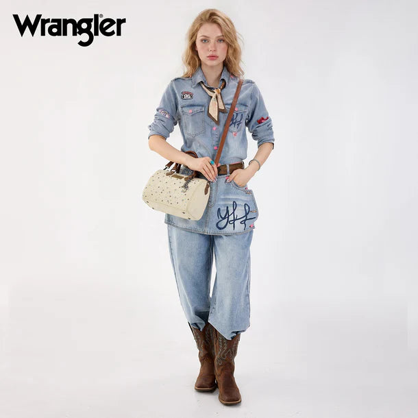 Load image into Gallery viewer, WG458-51102TN - Wrangler Tan Western Rhinestone Denim Boston Bag/Crossbody
