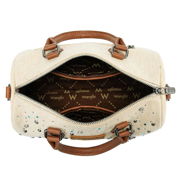 Load image into Gallery viewer, WG458-51102TN - Wrangler Tan Western Rhinestone Denim Boston Bag/Crossbody
