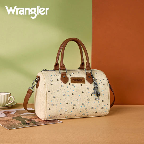 Load image into Gallery viewer, WG458-51102TN - Wrangler Tan Western Rhinestone Denim Boston Bag/Crossbody
